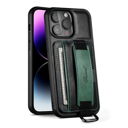 For iPhone 16 Pro Suteni H13 Card Wallet Wrist Strap Holder PU Phone Case(Black) - iPhone 16 Pro Cases by Suteni | Online Shopping South Africa | PMC Jewellery | Buy Now Pay Later Mobicred