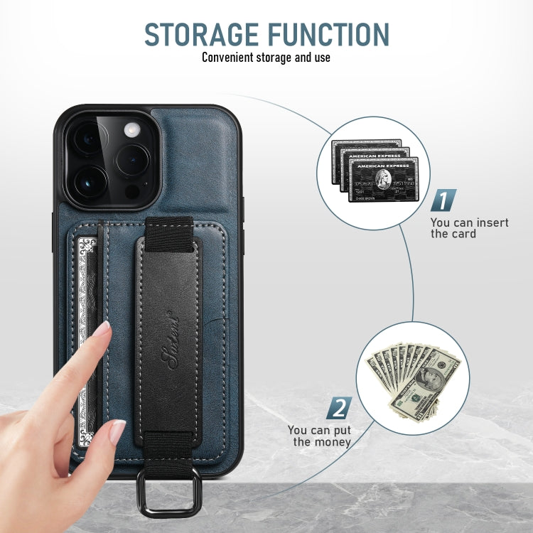 For iPhone 16 Pro Suteni H13 Card Wallet Wrist Strap Holder PU Phone Case(Blue) - iPhone 16 Pro Cases by Suteni | Online Shopping South Africa | PMC Jewellery | Buy Now Pay Later Mobicred