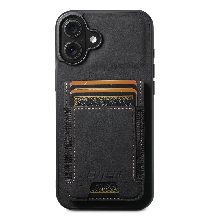 For iPhone 16 Suteni H03 Litchi Leather Card Bag Stand Back Phone Case(Black) - iPhone 16 Cases by Suteni | Online Shopping South Africa | PMC Jewellery | Buy Now Pay Later Mobicred