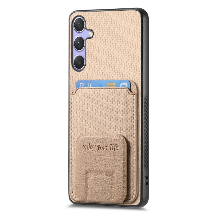 For Samsung Galaxy S25 5G Carbon Fiber Card Bag Fold Stand Phone Case(Khaki) -  by PMC Jewellery | Online Shopping South Africa | PMC Jewellery | Buy Now Pay Later Mobicred