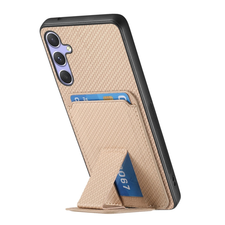 For Samsung Galaxy S25 5G Carbon Fiber Card Bag Fold Stand Phone Case(Khaki) -  by PMC Jewellery | Online Shopping South Africa | PMC Jewellery | Buy Now Pay Later Mobicred