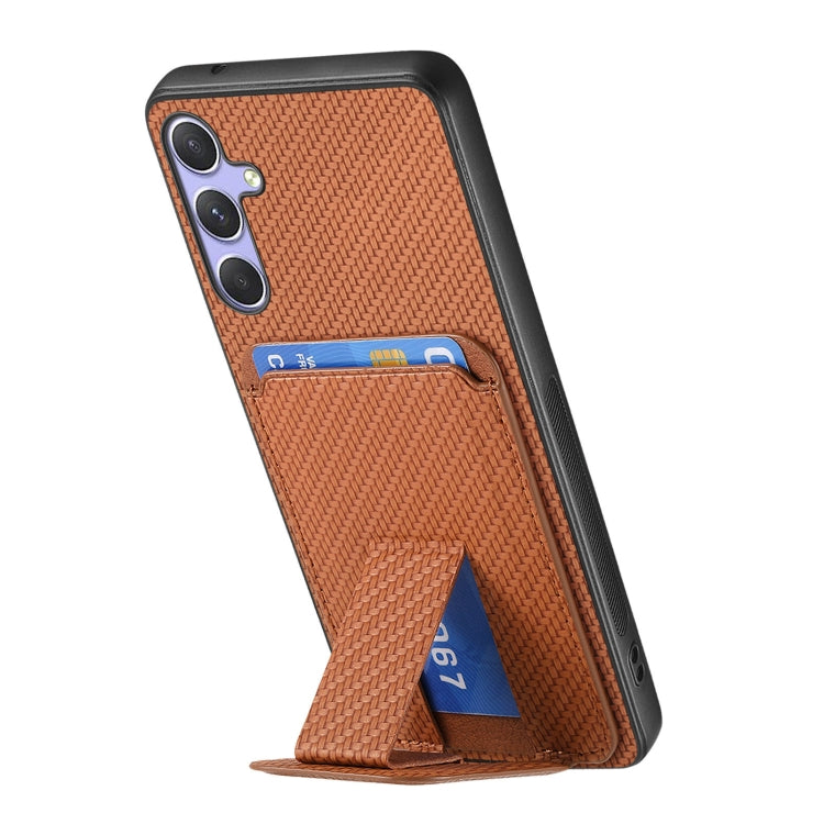 For Samsung Galaxy S25+ 5G Carbon Fiber Card Bag Fold Stand Phone Case(Brown) - Galaxy S25+ 5G Cases by PMC Jewellery | Online Shopping South Africa | PMC Jewellery | Buy Now Pay Later Mobicred