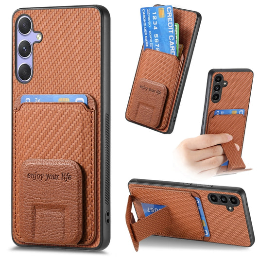 For Samsung Galaxy S25 Ultra 5G Carbon Fiber Card Bag Fold Stand Phone Case(Brown) - Galaxy S25 Ultra 5G Cases by PMC Jewellery | Online Shopping South Africa | PMC Jewellery | Buy Now Pay Later Mobicred