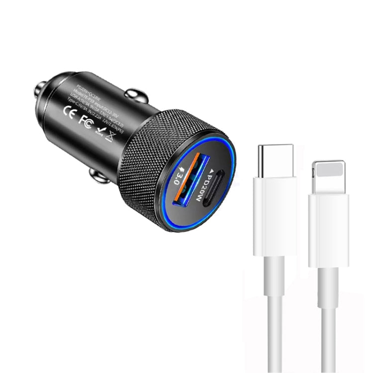 P19 Metal PD20W USB-C + QC18W USB Car Charger with Type-C to 8 Pin Date Cable(Black) - Car Charger by PMC Jewellery | Online Shopping South Africa | PMC Jewellery | Buy Now Pay Later Mobicred