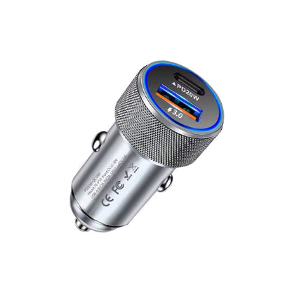 P19 Metal PD20W USB-C + QC18W USB Car Charger with Type-C to 8 Pin Date Cable(Silver Gray) - Car Charger by PMC Jewellery | Online Shopping South Africa | PMC Jewellery | Buy Now Pay Later Mobicred