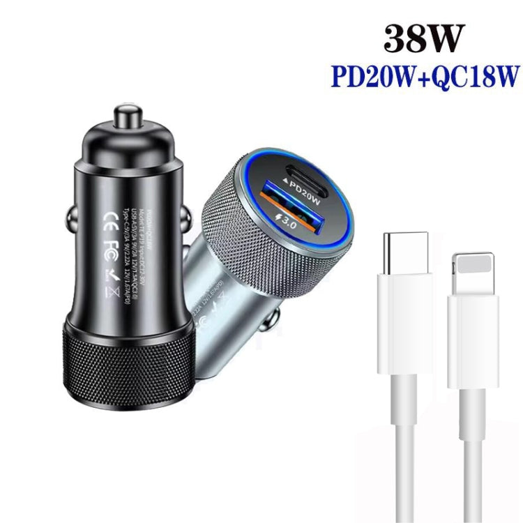 P19 Metal PD20W USB-C + QC18W USB Car Charger with Type-C to 8 Pin Date Cable(Black) - Car Charger by PMC Jewellery | Online Shopping South Africa | PMC Jewellery | Buy Now Pay Later Mobicred