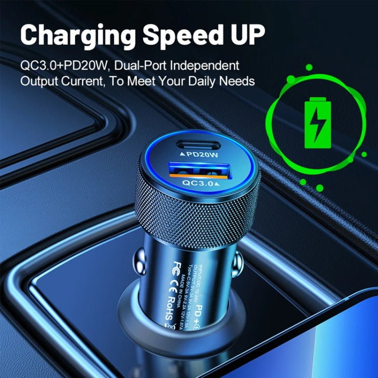 P19 Metal PD20W USB-C + QC18W USB Car Charger with USB-C to USB-C Date Cable for iPhone 15 series(Black) - Car Charger by PMC Jewellery | Online Shopping South Africa | PMC Jewellery | Buy Now Pay Later Mobicred