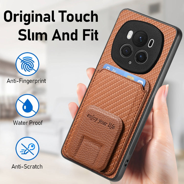 For Honor Magic6 Pro Carbon Fiber Card Bag Fold Stand Phone Case(Brown) - Honor Cases by PMC Jewellery | Online Shopping South Africa | PMC Jewellery | Buy Now Pay Later Mobicred