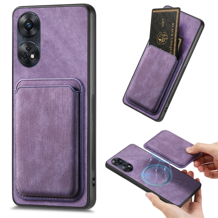 For OPPO Reno8 T 4G Retro Leather Card Bag Magnetic Phone Case(Purple) - OPPO Cases by PMC Jewellery | Online Shopping South Africa | PMC Jewellery | Buy Now Pay Later Mobicred