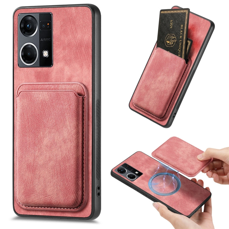For OPPO Reno7 4G Retro Leather Card Bag Magnetic Phone Case(Pink) - OPPO Cases by PMC Jewellery | Online Shopping South Africa | PMC Jewellery | Buy Now Pay Later Mobicred
