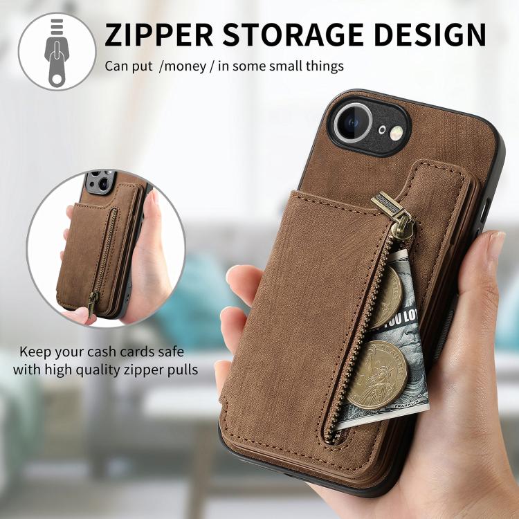 For iPhone 16e Retro Leather Zipper Wallet Back Phone Case(Brown) - iPhone 16e Cases by PMC TechLife | Online Shopping South Africa | PMC TechLife | Buy Now Pay Later Mobicred