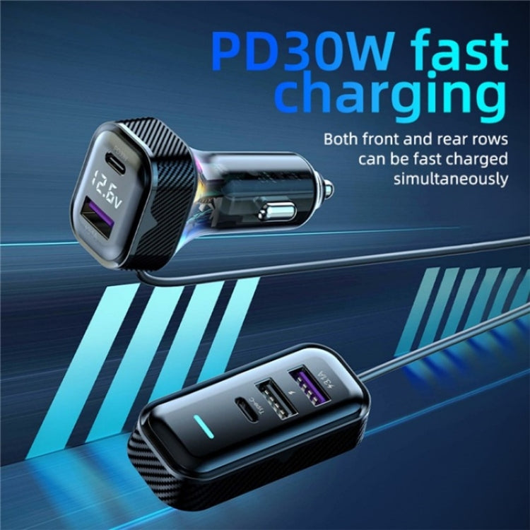 YQ6 PD 30W Fast Charging 2 x Type-C + 3 x USB Car Charger with 1.5m Extension Cable - Car Charger by PMC Jewellery | Online Shopping South Africa | PMC Jewellery | Buy Now Pay Later Mobicred