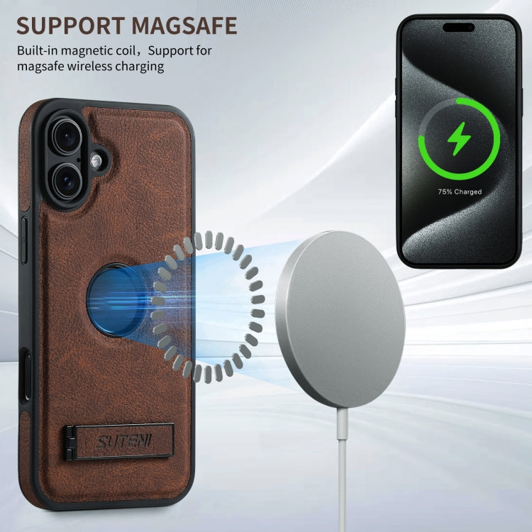 For iPhone 16 Suteni G2 Magsafe Litchi Texture Leather Back Phone Case with Holder(Brown) - iPhone 16 Cases by Suteni | Online Shopping South Africa | PMC Jewellery | Buy Now Pay Later Mobicred