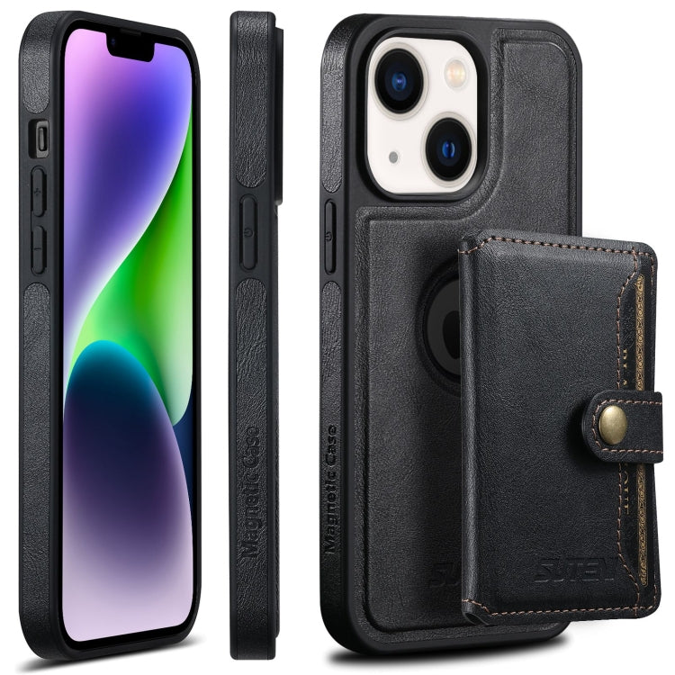 For iPhone 14 Suteni M1 Oil Wax MagSafe Detachable Horizontal Card Bag Phone Case(Black) - iPhone 14 Cases by Suteni | Online Shopping South Africa | PMC Jewellery | Buy Now Pay Later Mobicred