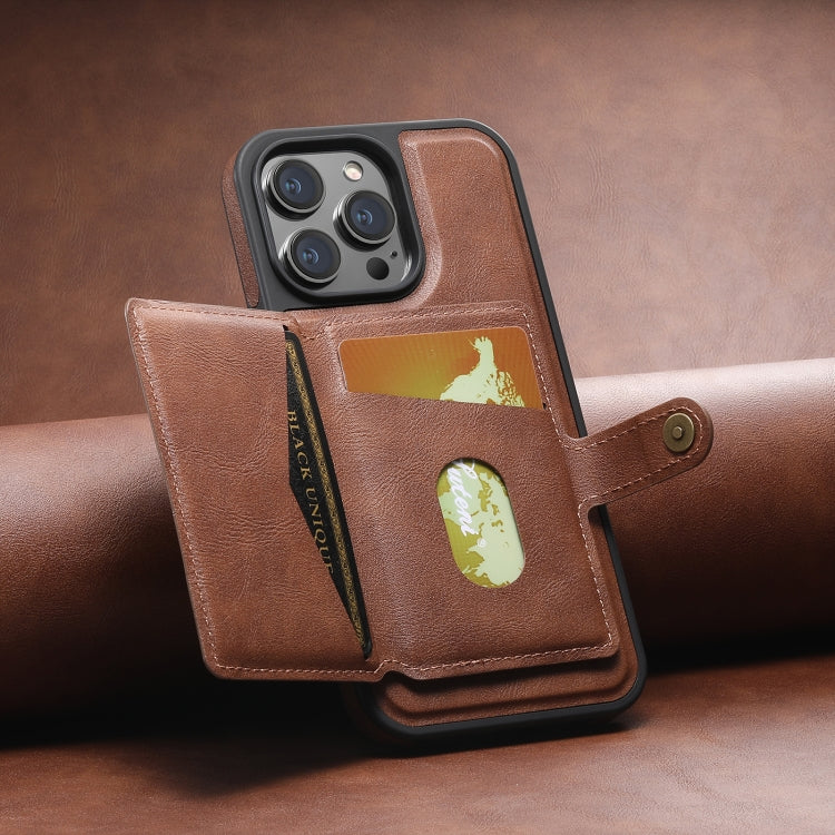 For iPhone 13 Suteni M1 Oil Wax MagSafe Detachable Horizontal Card Bag Phone Case(Brown) - iPhone 13 Cases by Suteni | Online Shopping South Africa | PMC Jewellery | Buy Now Pay Later Mobicred