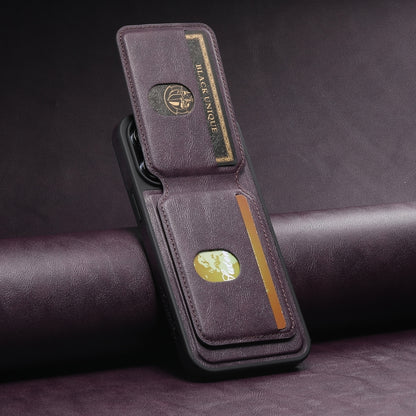 For iPhone 15 Suteni M2 Oil Wax MagSafe Horizontal Card Bag Phone Case(Purple) - iPhone 15 Cases by Suteni | Online Shopping South Africa | PMC Jewellery | Buy Now Pay Later Mobicred