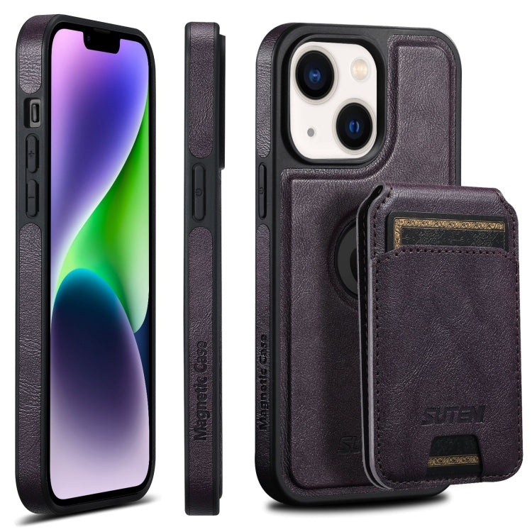 For iPhone 14 Plus Suteni M2 Oil Wax MagSafe Horizontal Card Bag Phone Case(Purple) - iPhone 14 Plus Cases by Suteni | Online Shopping South Africa | PMC Jewellery | Buy Now Pay Later Mobicred