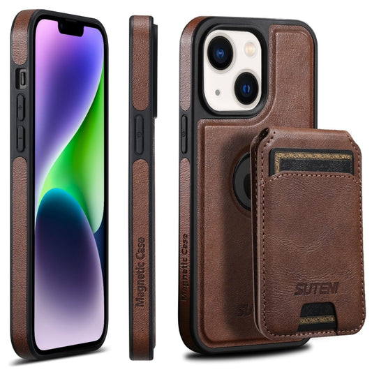 For iPhone 14 Suteni M2 Oil Wax MagSafe Horizontal Card Bag Phone Case(Brown) - iPhone 14 Cases by Suteni | Online Shopping South Africa | PMC Jewellery | Buy Now Pay Later Mobicred