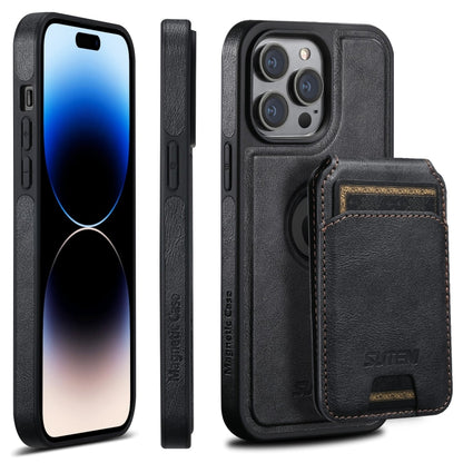 For iPhone 14 Pro Suteni M2 Oil Wax MagSafe Horizontal Card Bag Phone Case(Black) - iPhone 14 Pro Cases by Suteni | Online Shopping South Africa | PMC Jewellery | Buy Now Pay Later Mobicred