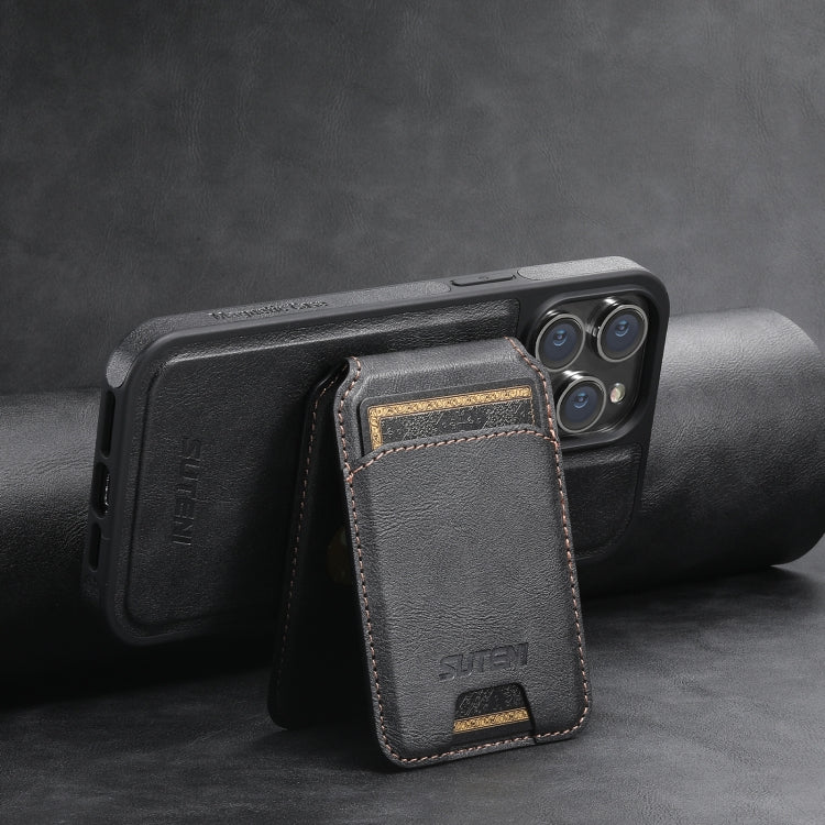 For iPhone 13 Suteni M2 Oil Wax MagSafe Horizontal Card Bag Phone Case(Black) - iPhone 13 Cases by Suteni | Online Shopping South Africa | PMC Jewellery | Buy Now Pay Later Mobicred