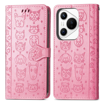 For Huawei Pura 70 Cat and Dog Embossed Leather Phone Case(Pink) - Huawei Cases by PMC Jewellery | Online Shopping South Africa | PMC Jewellery | Buy Now Pay Later Mobicred