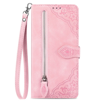 For Realme C65 Embossed Flower Zipper Leather Phone Case(Pink) - Realme Cases by PMC Jewellery | Online Shopping South Africa | PMC Jewellery | Buy Now Pay Later Mobicred