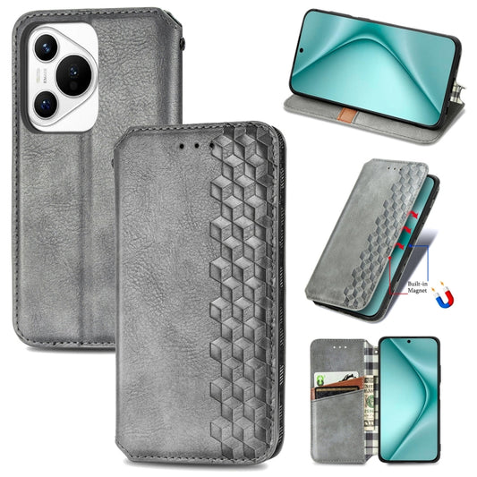 For Huawei Pura 70 Cubic Grid Pressed Magnetic Leather Phone Case(Gray) - Huawei Cases by PMC Jewellery | Online Shopping South Africa | PMC Jewellery | Buy Now Pay Later Mobicred