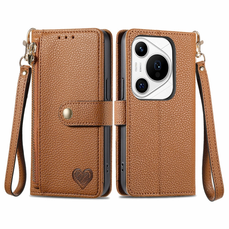 For Huawei Pura 70 Pro+ Love Zipper Lanyard Leather Phone Case(Brown) - Huawei Cases by PMC Jewellery | Online Shopping South Africa | PMC Jewellery | Buy Now Pay Later Mobicred