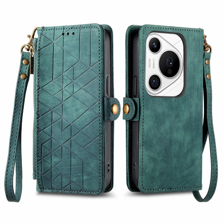 For Huawei Pura 70 Pro+ Geometric Zipper Wallet Side Buckle Leather Phone Case(Green) - Huawei Cases by PMC Jewellery | Online Shopping South Africa | PMC Jewellery | Buy Now Pay Later Mobicred