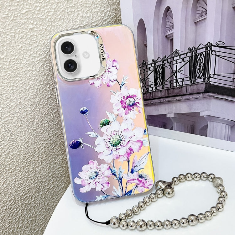 For iPhone 16 Plus Electroplating Laser Flower Phone Case with Wrist Strap(Zinnia AH9) - iPhone 16 Plus Cases by PMC Jewellery | Online Shopping South Africa | PMC Jewellery | Buy Now Pay Later Mobicred