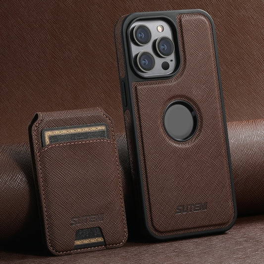 For iPhone 14 Pro Max Suteni M2 Cross-Grain MagSafe Vertical Card Back Phone Case(Brown) - iPhone 14 Pro Max Cases by Suteni | Online Shopping South Africa | PMC Jewellery | Buy Now Pay Later Mobicred