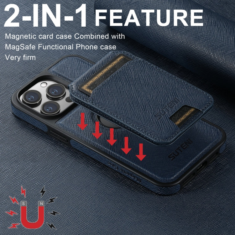 For iPhone 14 Plus Suteni M2 Cross-Grain MagSafe Vertical Card Back Phone Case(Blue) - iPhone 14 Plus Cases by Suteni | Online Shopping South Africa | PMC Jewellery | Buy Now Pay Later Mobicred