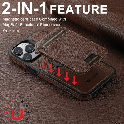 For iPhone 14 Suteni M2 Cross-Grain MagSafe Vertical Card Back Phone Case(Brown) - iPhone 14 Cases by Suteni | Online Shopping South Africa | PMC Jewellery | Buy Now Pay Later Mobicred