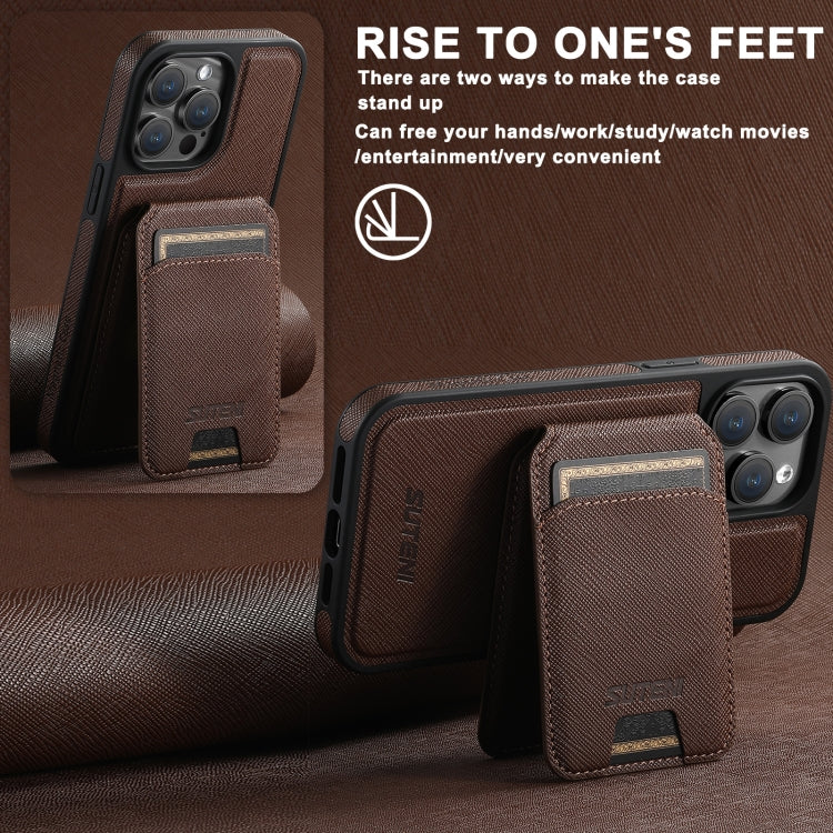 For iPhone 12 Suteni M2 Cross-Grain MagSafe Vertical Card Back Phone Case(Brown) - iPhone 12 / 12 Pro Cases by Suteni | Online Shopping South Africa | PMC Jewellery | Buy Now Pay Later Mobicred