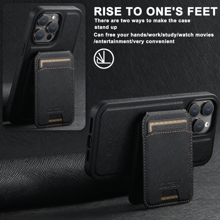 For iPhone 16 Plus Suteni M2 Cross-Grain MagSafe Vertical Card Back Phone Case(Black) - iPhone 16 Plus Cases by Suteni | Online Shopping South Africa | PMC Jewellery | Buy Now Pay Later Mobicred