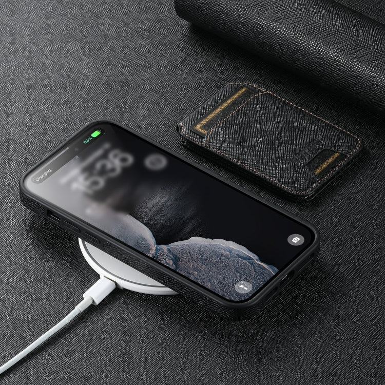 For iPhone 16 Plus Suteni M2 Cross-Grain MagSafe Vertical Card Back Phone Case(Black) - iPhone 16 Plus Cases by Suteni | Online Shopping South Africa | PMC Jewellery | Buy Now Pay Later Mobicred