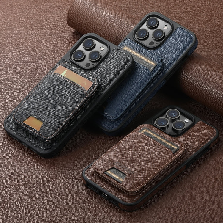 For iPhone 15 Suteni M2 Cross-Grain MagSafe Vertical Card Back Phone Case(Brown) - iPhone 15 Cases by Suteni | Online Shopping South Africa | PMC Jewellery | Buy Now Pay Later Mobicred