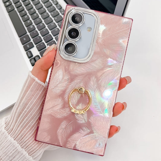 For Samsung Galaxy S25+ 5G Plating Glitter Texture Ring Holder TPU Phone Case with Lens Film(Pink Feathers) - Galaxy S25+ 5G Cases by PMC Jewellery | Online Shopping South Africa | PMC Jewellery | Buy Now Pay Later Mobicred