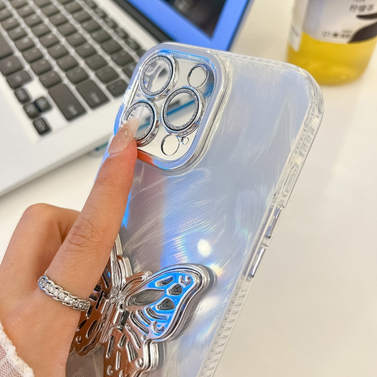 For iPhone 16 Plating Glitter Texture Butterfly Holder TPU Phone Case with Lens Film(White Tinfoil Texture) - iPhone 16 Cases by PMC Jewellery | Online Shopping South Africa | PMC Jewellery | Buy Now Pay Later Mobicred