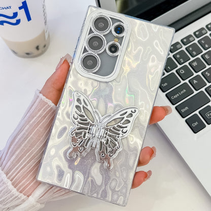 For Samsung Galaxy S25 Ultra 5G Plating Glitter Texture Butterfly Holder TPU Phone Case with Lens Film(White Wrinkles) - Galaxy S25 Ultra 5G Cases by PMC Jewellery | Online Shopping South Africa | PMC Jewellery | Buy Now Pay Later Mobicred