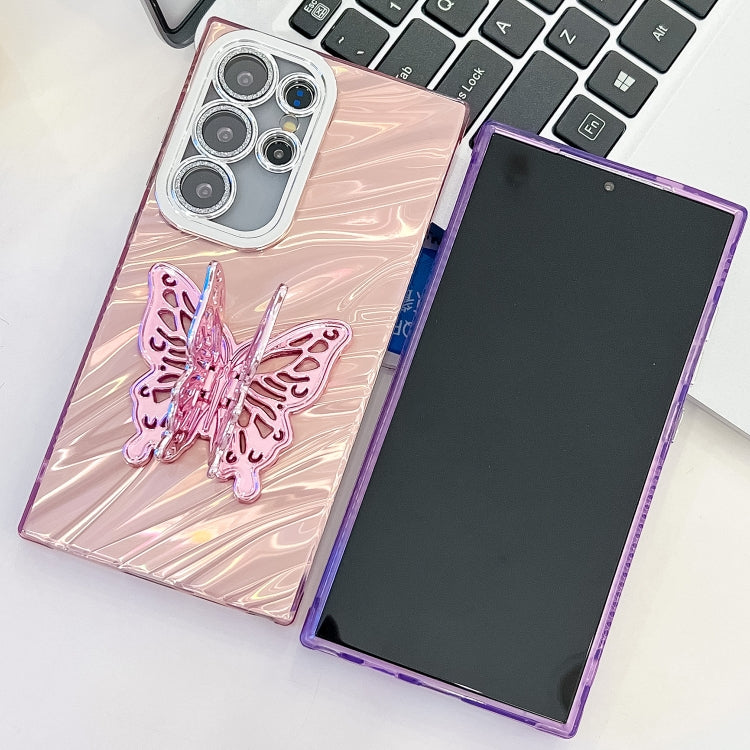 For Samsung Galaxy S25+ 5G Plating Glitter Texture Butterfly Holder TPU Phone Case with Lens Film(Purple Shell Pattern) - Galaxy S25+ 5G Cases by PMC Jewellery | Online Shopping South Africa | PMC Jewellery | Buy Now Pay Later Mobicred