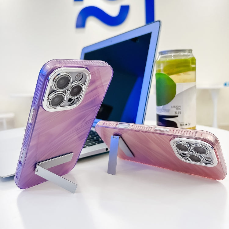 For iPhone 16e Plating Glitter Texture Fold Holder TPU Phone Case with Lens Film(White Shell Pattern) - iPhone 16e Cases by PMC TechLife | Online Shopping South Africa | PMC TechLife | Buy Now Pay Later Mobicred