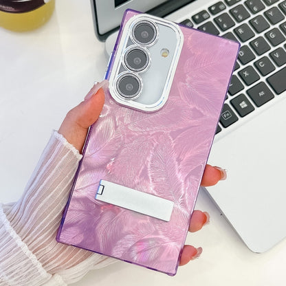 For Samsung Galaxy S25 5G Plating Glitter Texture Fold Holder TPU Phone Case with Lens Film(Purple Feathers) - Galaxy S25 5G Cases by PMC Jewellery | Online Shopping South Africa | PMC Jewellery | Buy Now Pay Later Mobicred