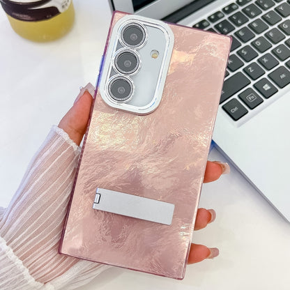 For Samsung Galaxy S25 5G Plating Glitter Texture Fold Holder TPU Phone Case with Lens Film(Pink Tinfoil Texture) - Galaxy S25 5G Cases by PMC Jewellery | Online Shopping South Africa | PMC Jewellery | Buy Now Pay Later Mobicred