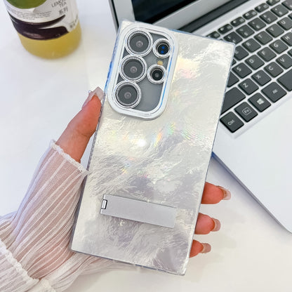 For Samsung Galaxy S25 Ultra 5G Plating Glitter Texture Fold Holder TPU Phone Case with Lens Film(White Tinfoil Texture) - Galaxy S25 Ultra 5G Cases by PMC Jewellery | Online Shopping South Africa | PMC Jewellery | Buy Now Pay Later Mobicred