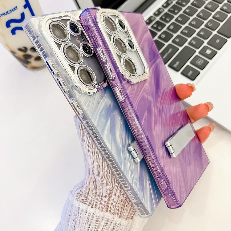 For Samsung Galaxy S25+ 5G Plating Glitter Texture Fold Holder TPU Phone Case with Lens Film(Purple Feathers) - Galaxy S25+ 5G Cases by PMC Jewellery | Online Shopping South Africa | PMC Jewellery | Buy Now Pay Later Mobicred