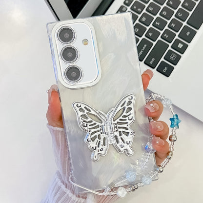 For Samsung Galaxy S25 5G Plating Glitter Lens Film Texture Butterfly Holder Wristband Phone Case(White Feather Yarn) - Galaxy S25 5G Cases by PMC Jewellery | Online Shopping South Africa | PMC Jewellery | Buy Now Pay Later Mobicred