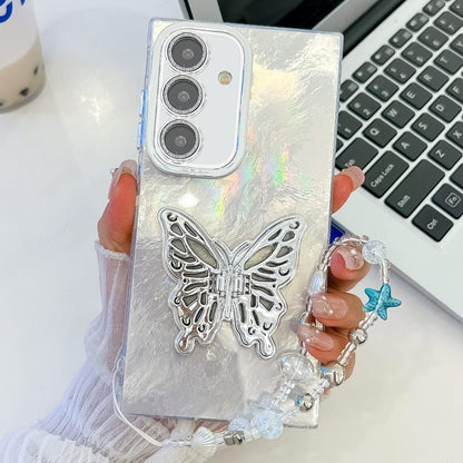 For Samsung Galaxy S25 5G Plating Glitter Lens Film Texture Butterfly Holder Wristband Phone Case(White Tinfoil Texture) - Galaxy S25 5G Cases by PMC Jewellery | Online Shopping South Africa | PMC Jewellery | Buy Now Pay Later Mobicred