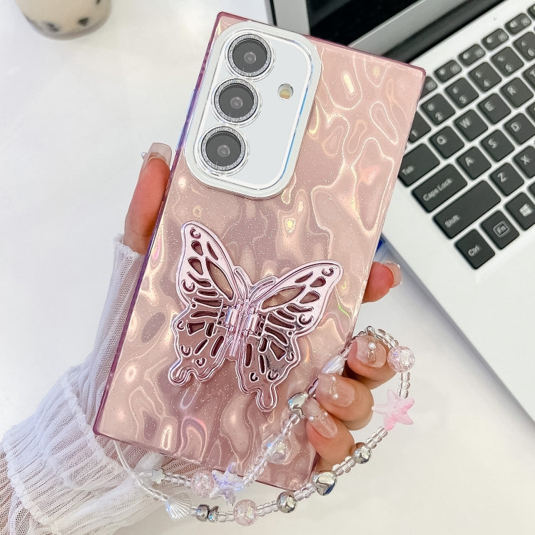 For Samsung Galaxy S25 5G Plating Glitter Lens Film Texture Butterfly Holder Wristband Phone Case(Pink Tinfoil Texture) - Galaxy S25 5G Cases by PMC Jewellery | Online Shopping South Africa | PMC Jewellery | Buy Now Pay Later Mobicred