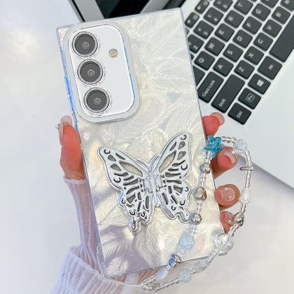 For Samsung Galaxy S25+ 5G Plating Glitter Lens Film Texture Butterfly Holder Wristband Phone Case(White Feathers) - Galaxy S25+ 5G Cases by PMC Jewellery | Online Shopping South Africa | PMC Jewellery | Buy Now Pay Later Mobicred